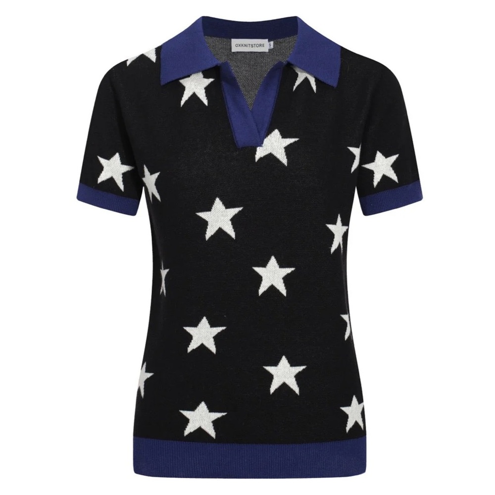Oxknit Black Star-Print V-Neck Short-Sleeve Sweater